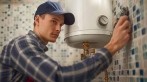 Plumber repairing a hot water heater in Lemont, IL